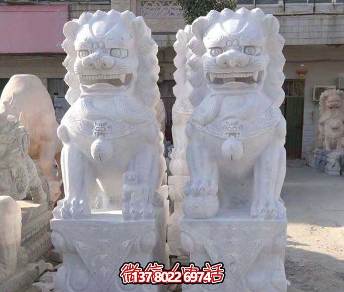 祠堂汉白玉石雕一对看大门口的镇宅狮子雕塑 祠堂汉白玉石雕一对看大门口的镇宅狮子雕塑