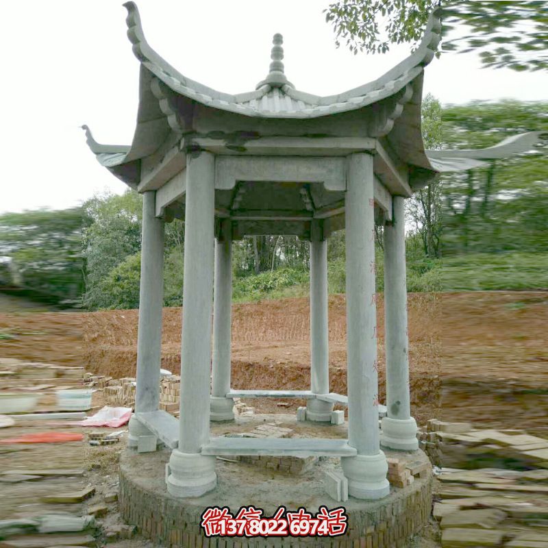 村口摆放青石六角凉亭景观石雕 村口摆放青石六角凉亭景观石雕