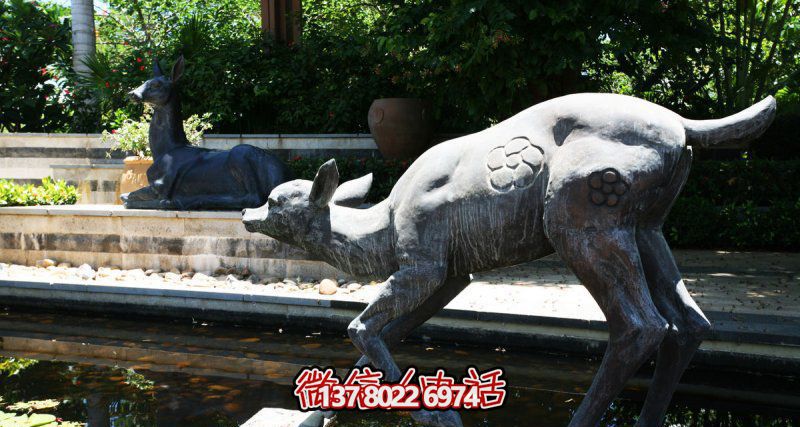 公园池塘中的大理石石雕鹿雕塑 公园池塘中的大理石石雕鹿雕塑