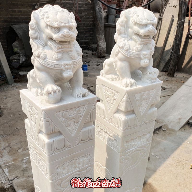 汉白玉狮子公园广场摆放拴马柱雕塑