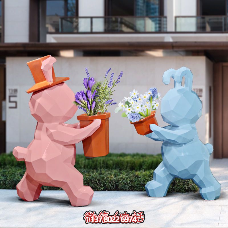 庭院两只拿花篮的玻璃钢兔子雕塑 庭院两只拿花篮的玻璃钢兔子雕塑