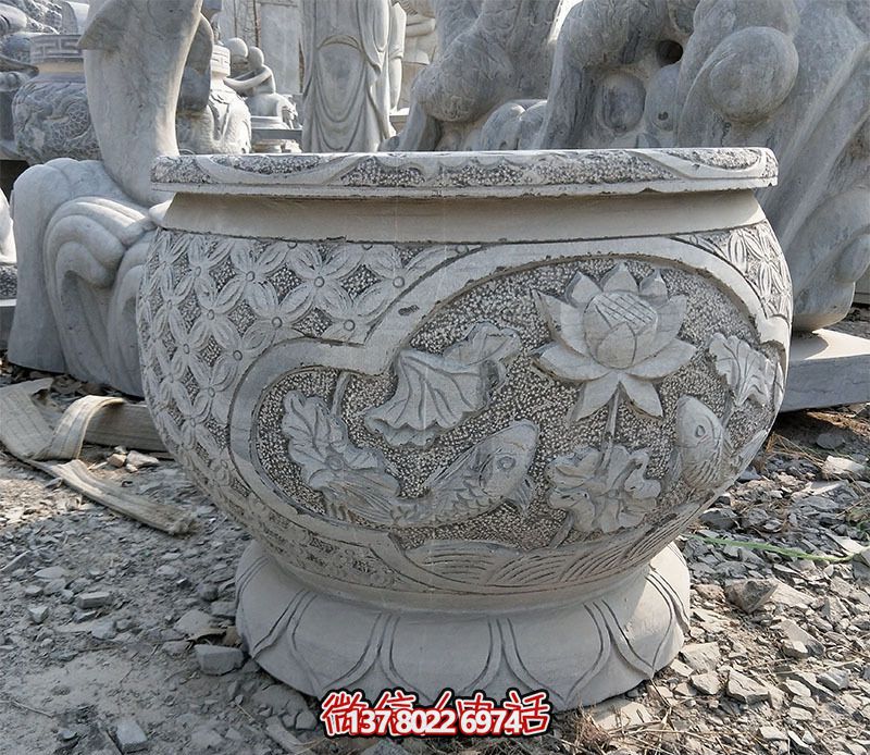 庭院仿古水缸景观石雕荷花缸雕塑 庭院仿古水缸景观石雕荷花缸雕塑
