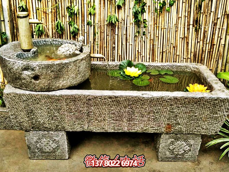 仿古石槽养鱼花盆流水老石槽园林旧石磨盘摆件